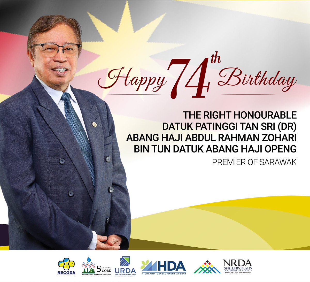 recodasarawak's tweet photo. Happy 74th Birthday to the esteemed Premier of Sarawak and Chairman of RECODA, The Right Honourable Datuk Patinggi Tan Sri (Dr) Abang Haji Abdul Rahmah Zohari Bin Tun Datuk Abang Haji Openg!

Best wishes from all of us at RECODA.

#RECODA #SCORE #URDA #HDA #NRDA https://t.co/Zy3cb2BO9k