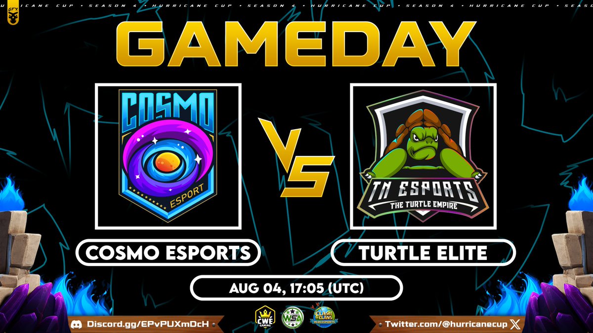 Two talented teams face off against each other in the final group stage of Hurricane Cup Season 4! Cosmo eSports and Turtle Elite go head-to-head in just a few hours! Stay tuned!

⚔️ @Cosmo_Esportss vs <a href="/TurtleEmpireCoc/">The Turtle Empire</a>
⏰ Aug 04 @ 17:05 UTC

#HurricaneOnTop | #ClashofClans