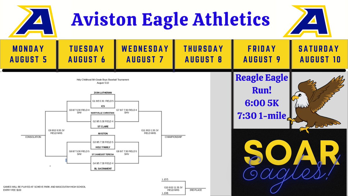 AvistonEagles's tweet photo. Best of luck, Aviston Baseball, in the Hold Childhood Tourney! First game is Monday, Aug 5, @ 7:30 pm. 💙🦅💛⚾️
See everyone at the Reagle Eagle Run Friday!! #RunEaglesRun https://t.co/brOKf34D2f