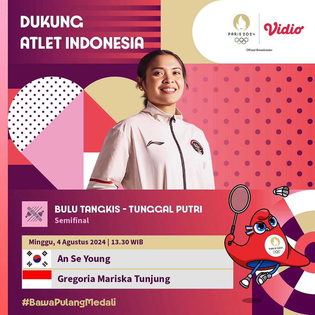 🎁 [GIVEAWAY] 4 Voucher Vidio Platinum + Olimpiade Paris 2024 

Berikan dukungan kalian kepada Gregoria Mariska Tunjung yang akan bertanding hari ini di kolom komentar, 4 orang beruntung akan mendapatkan kode voucher Vidio Platinum + Olimpiade! 👇

Jangan lupa like dan RT! ❤️