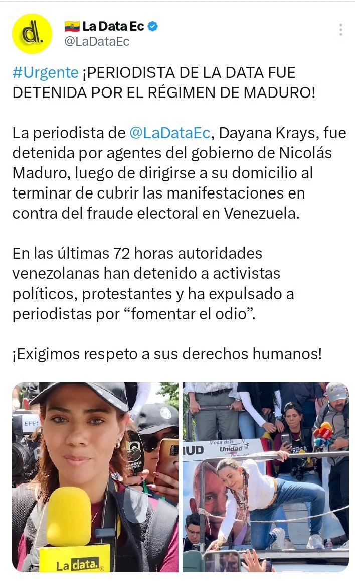 CNPCaracas's tweet photo. #3Agos #Caracas El medio @LaDataEc denuncia detención de su corresponsal en Venezuela @Dayanakrays . https://t.co/BgURCW7bj7