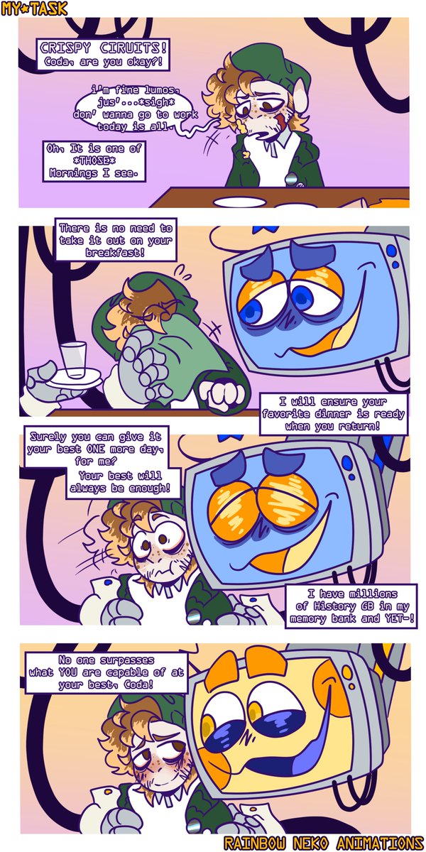 RNanimations's tweet image. MY☆TASK
Chapter 1 - Page 2 

That breakfast deserves compensation for the way Coda violently mauled it down with his face.
#MyTask #digitalart #comic #Lum05andCoda