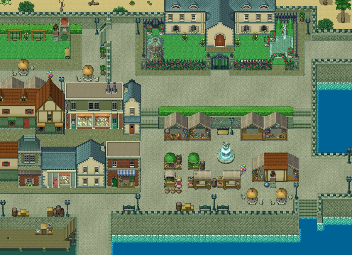 WandererLullaby's tweet photo. Been working diligently on making the demo for SteamFest, here is Greenport Village - a small town at the seam of the beach and forest. Bursting with many travelers and traders. #indiegame #indiedev #pixelart #SummerReverie https://t.co/sf0gD3JqKh