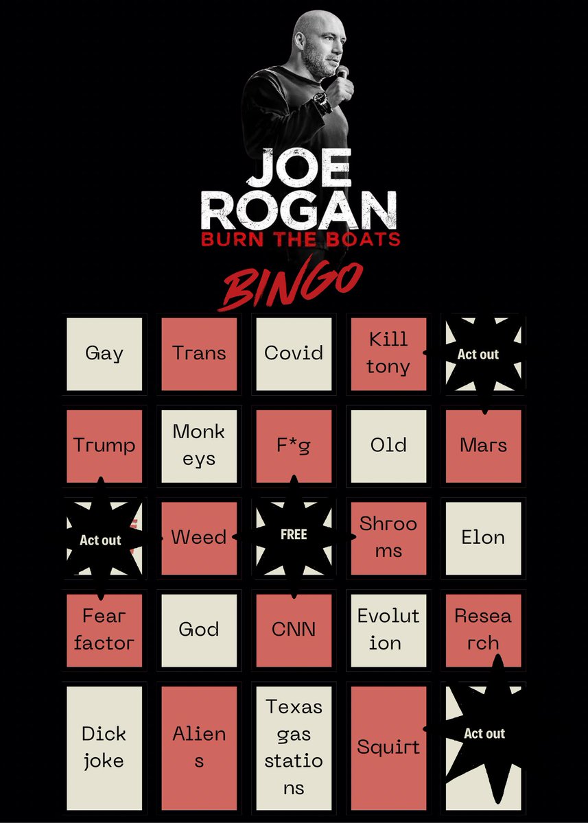 scotthallcomedy's tweet photo. JOEROGAN BINGO #joeroganlive https://t.co/TFtUA8Zh6o
