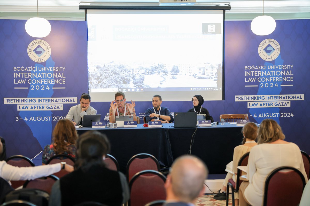 bu_law_school's tweet photo. #BILC2024 Panel Session 3, Stream 2, titled “Legal Perspectives on Israeli Apartheid,” has commenced in Özger Arnas Room, moderated by Dr. M. Beheşti Aydoğan. The panel features Dr. Victor Kattan @VictorKattan, Dr. Ali Kerem Kayhan, Dr. Munir Nuseibah @MunirNuseibah (presenting online), and PhD Cand. Dilahan Bice-Kurtoğlu @bicekurtoglu .

Dr. Victor Kattan is presenting on “Apartheid or Systemic Discrimination? Reading the ICJ’s Advisory Opinion between the Lines.” Dr. Ali Kerem Kayhan discusses “Strategies for Engaging against Israel in Light of Ongoing Apartheid Practices: Lessons from South Africa.” Dr. Munir Nuseibah addresses “Continuing the Work on Apartheid at the Time of Genocide.” PhD Cand. Dilahan Bice-Kurtoğlu explores “Relocating the Crisis and Reconsidering the Refugee Subject in light of Palestinian Displacement: A Critical Approach to the Construction of Refugeehood in International Law.”