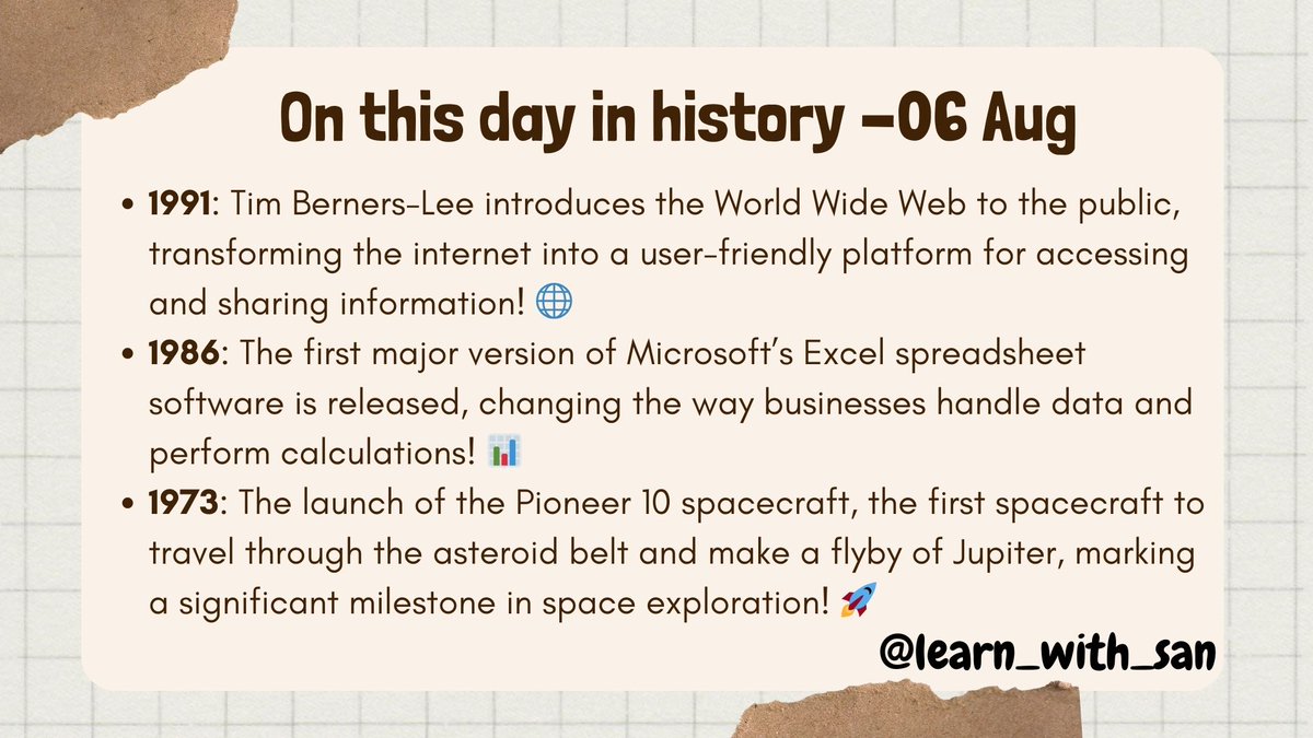 learn_with_san's tweet image. 📅 On this day in history: August 6 💻

#TechHistory #WorldWideWeb #MicrosoftExcel #Pioneer10 #ThisDayInHistory 💻