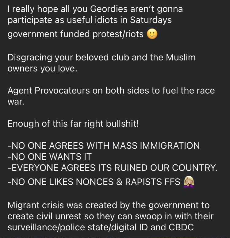 MuffyDeadinside's tweet photo. #NOProtests #noriots #geordies #toon #NUFC #Newcastle #FarRightThugsUnite #farright #FarageRiots #Agenda2030 #digitalID #CBDC
Don’t disgrace your beloved club & Muslim owners by becoming useful idiots in the government funded riots. https://t.co/r14oEchmyM