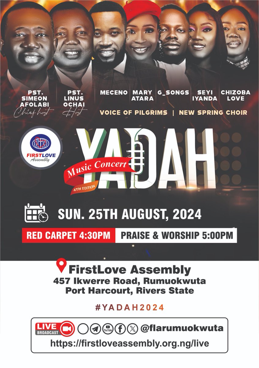 flarumuokwuta's tweet image. YADAH2024!!!
GET READY... BE PREPARED!

The 4th edition of Yadah Music Concert is here!
Sunday 25th August, 2024
Red carpet 4:30pm, Praise &amp;amp; Worship 5:00pm
#Yadah2024 #MusicConcert #FirstLoveAssembly