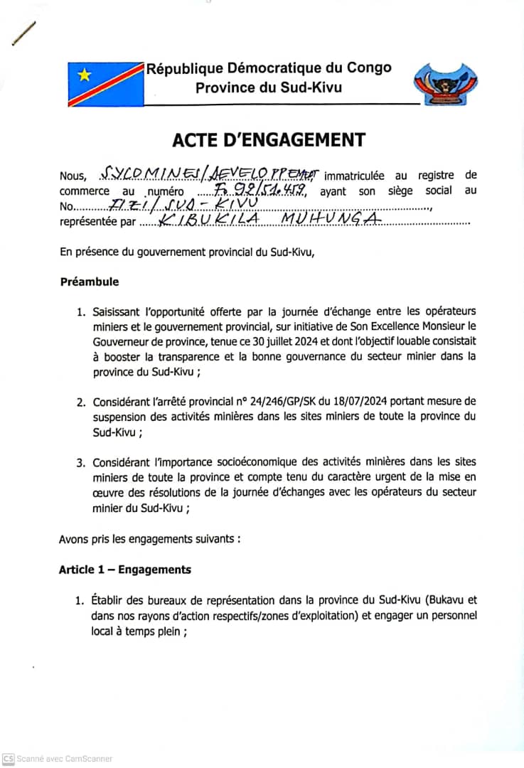 RutegaBin's tweet photo. SUD-KIVU/MINES : La société minière @SYCOMINE vient de signer un acte d'engagement avec le gouvernement provincial sous la direction du Mwalimu @jjpurusi,un moratoire de 60 jours est accordé à cette dernière pr le permettre de satisfaire aux conditions du gouvernement provincial https://t.co/2rZj86rg1P