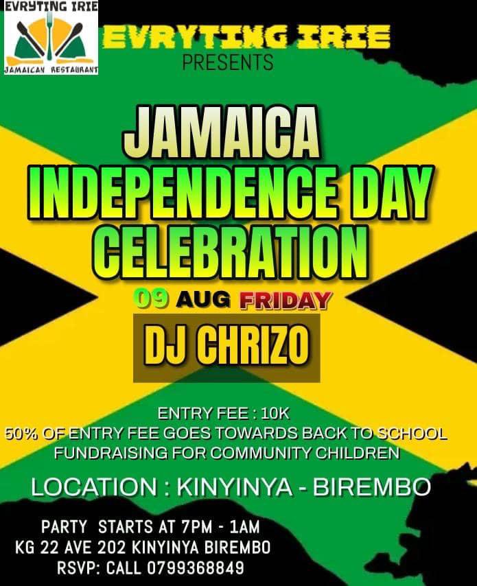 Come celebrate Jamaica’s independence with us this Friday, August 9, 2024 event starts at 7 PM. Bring your flag from your country and celebrate a wonderful carnival event with us. Call 250799368849
