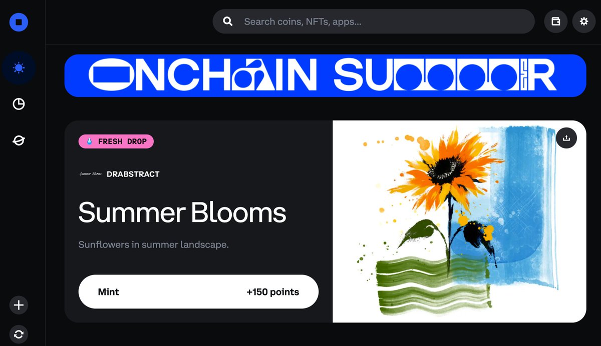 GM! 🌻

Featuring BasedBlooms with "Summer Blossoms" open edition! 🌞✨

Thrilled to have it featured on the OnChain Summer homepage. @CoinbaseWallet 

(My first mint on Zora!) 🎉 <a href="/zora/">$zora</a> <a href="/base/">Base</a>