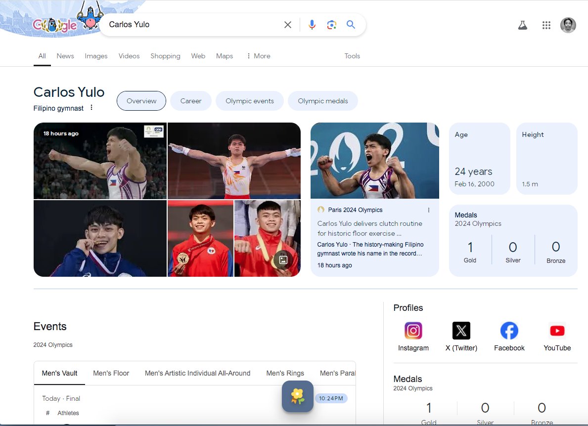 DandiGalvez's tweet photo. Go to Google right now and type "Carlos Yulo" in the search bar. You'll see a gold medal float on the page before it settles as a button at the bottom. Go click on it a million times and give Caloy his flowers 😊
#Paris2024
#ParisOlympics
#CaloyYulo
#CarlosYulo https://t.co/MML3A8JmIR