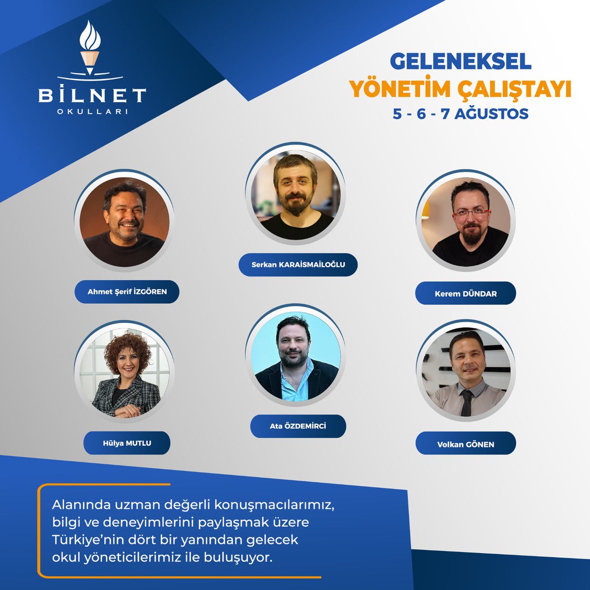 Alanında uzman değerli konuşmacılarımız, bilgi ve deneyimlerini paylaşmak üzere Türkiye'nin dört bir yanından gelecek okul yöneticilerimiz ile buluşuyor.
<a href="/FatihBilfen/">Fatih Öztürk 🇹🇷</a> <a href="/a_serif_izgoren/">Ahmet Şerif İzgören</a> <a href="/MutluHulya/">HülyaMutlu</a> <a href="/skaraismailoglu/">Dr. Serkan Karaismailoğlu</a> <a href="/DrKeremDundar/">Kerem Dündar</a> <a href="/ataozdemirci/">ata özdemirci</a> 

#BilnetOkulları