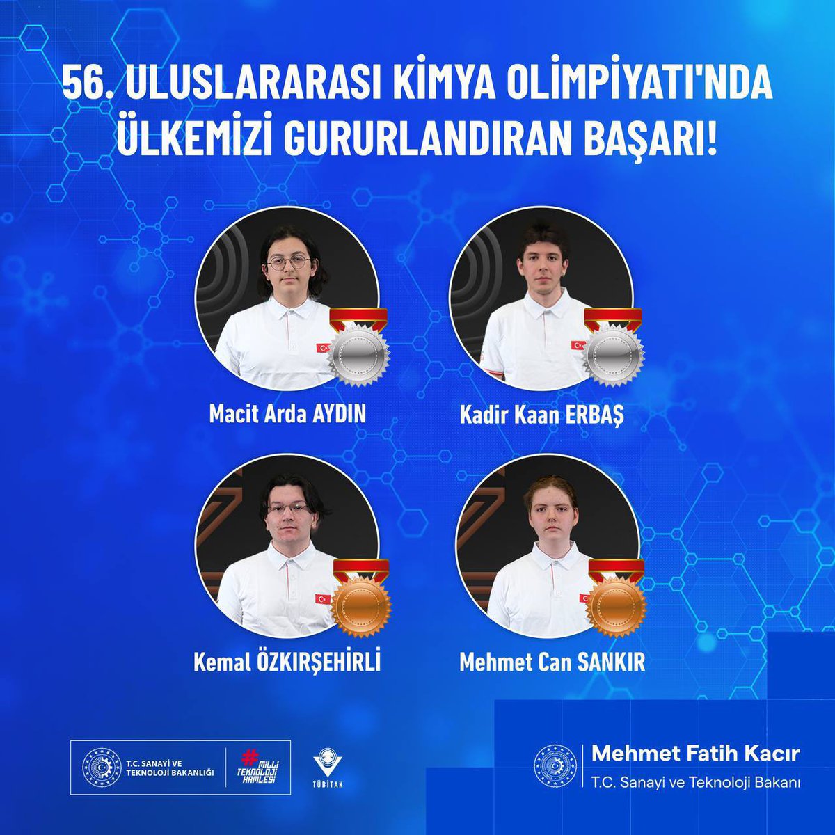 Uluslararası Bilim Olimpiyatlarından gurur verici haberler almaya devam ediyoruz. 🇹🇷🥈🥉👏

54. Uluslararası Fizik Olimpiyatında ülkemizi temsil eden öğrencilerimizden 

gümüş madalya kazanan Arda Ünver ve Kutay Kulbak’ı, 
bronz madalya kazanan Alp Terliksiz ve Halil İbrahim
