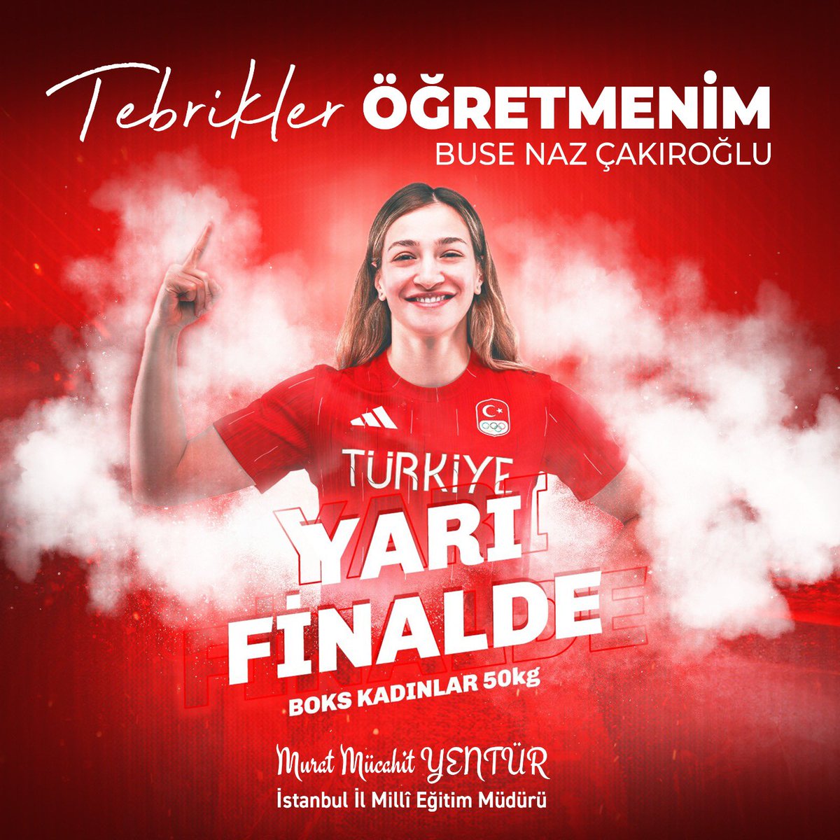 Sancaktepe Fatih Sultan Mehmet Ortaokulu beden eğitimi öğretmenimiz ve millî boksörümüz Busenaz Çakıroğlu'nu #Paris2024 Olimpiyat Oyunları'nda kadınlar 50 kg yarı finalindeki başarısından dolayı tebrik ediyor, finaldeki müsabakalarında başarılar diliyorum.