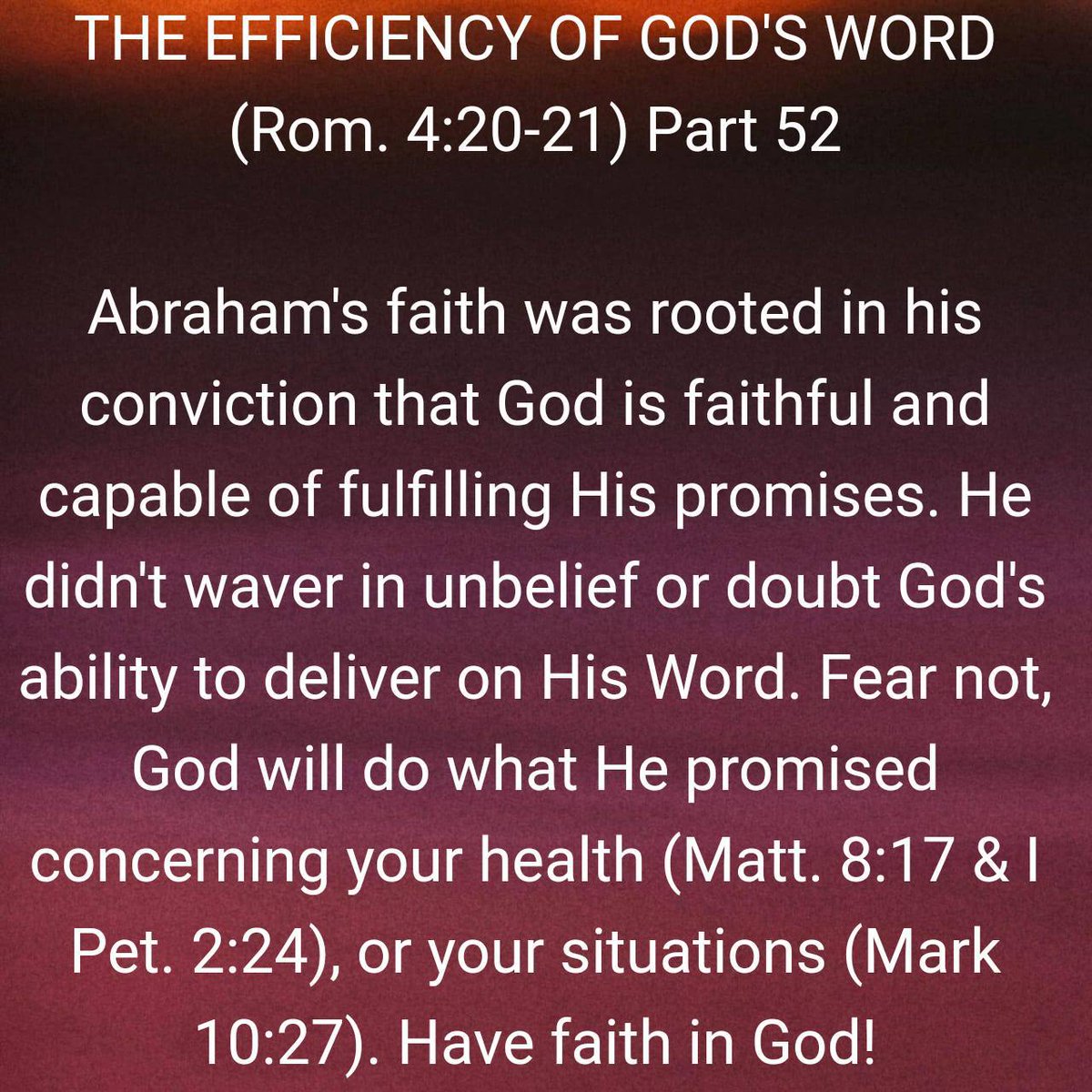 Romans 4:20-21 NKJV
[20] He did not waver at the promise of God through unbelief, but was strengthened in faith, giving glory to God, [21] and being fully convinced that what He had promised He was also able to perform. 

bible.com/bible/114/rom.…