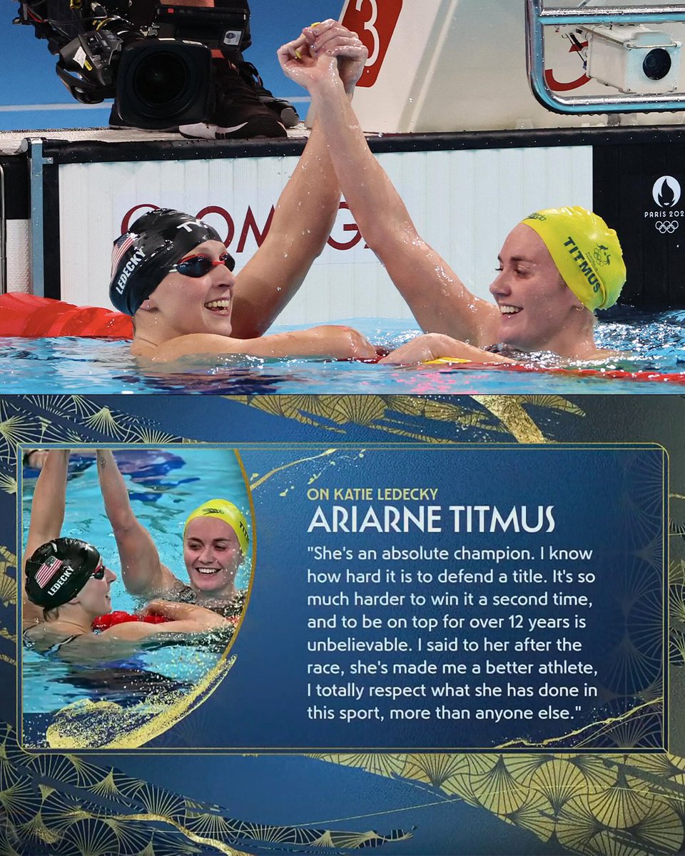 OnHerTurf's tweet photo. The respect between Ariarne Titmus and Katie Ledecky. 🤝 #ParisOlympics https://t.co/0bZ3lRS09X