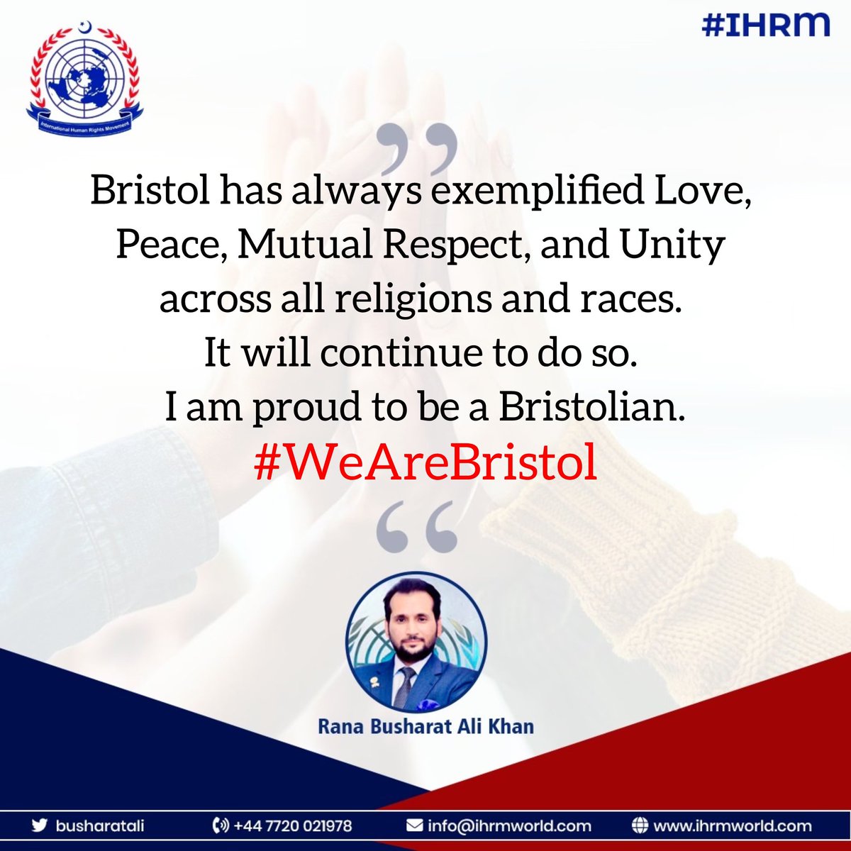 ChTalhaJ's tweet photo. @GJT001 @busharatali @ChairmanIHRM Bristol has always exemplified Love, Peace, Mutual Respect, and Unity across all religions and races.
It will continue to do so.
I am proud to be a Bristolian.
#WeAreBristol #Beistol #bristolNews https://t.co/9GyCDfWSx6