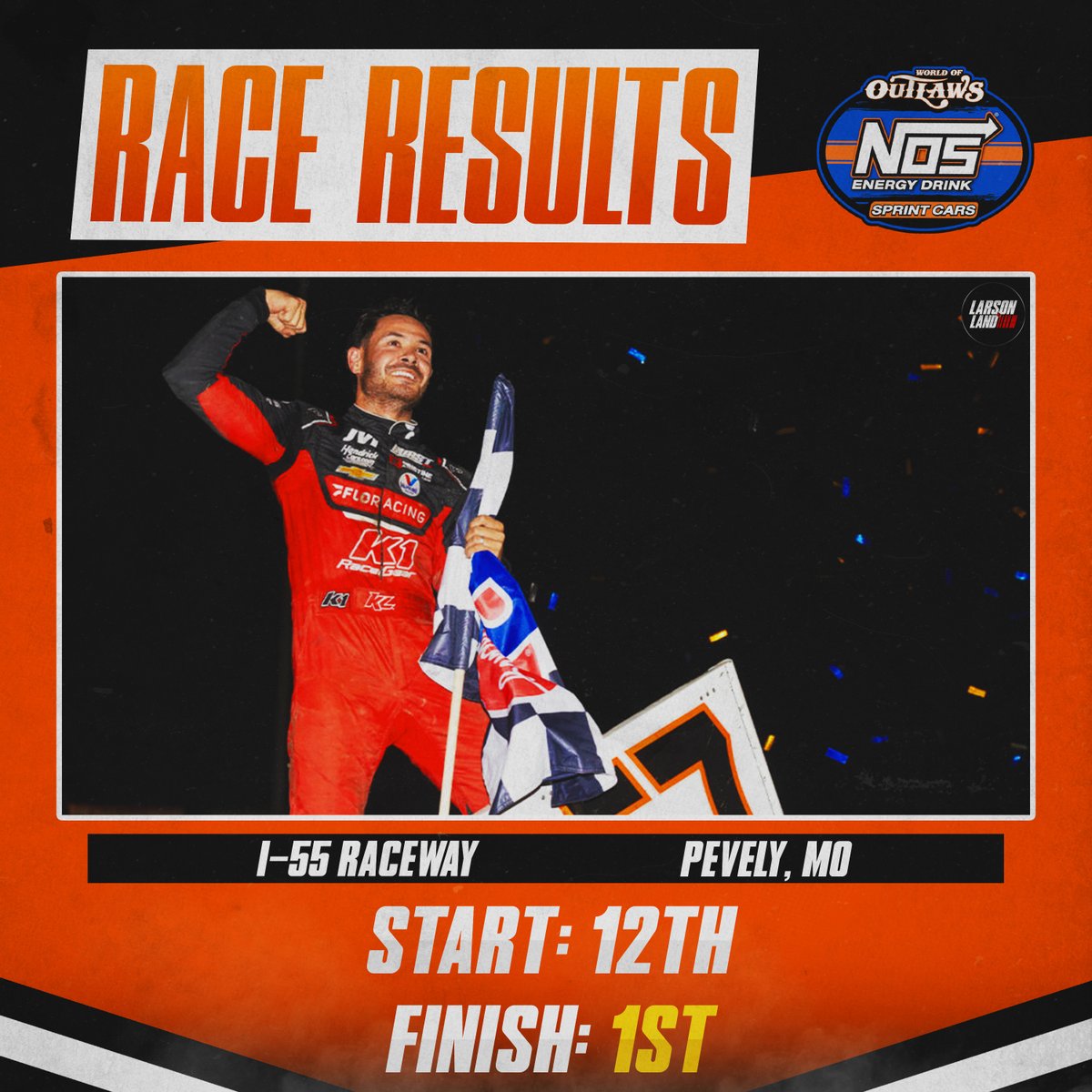 LarsonLand's tweet photo. 𝐋𝐀𝐑𝐒𝐎𝐍 𝐒𝐖𝐄𝐄𝐏𝐒 𝐓𝐇𝐄 𝐖𝐄𝐄𝐊𝐄𝐍𝐃 𝐀𝐓 𝐏𝐄𝐕𝐄𝐋𝐘

Race results from the Ironman 55 for Kyle Larson at I-55 Raceway.

#kylelarson #yungmoney #worldofoutlaws #ironman55 https://t.co/cGIx7PW92M