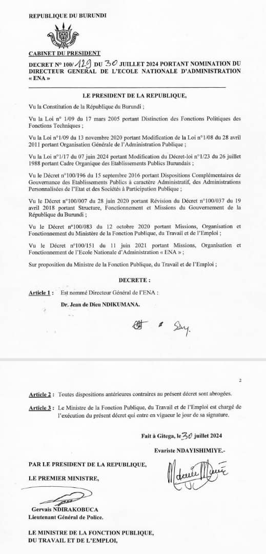 Je remercie SE le Président de la République du Burundi pour la confiance renouvelée en ma personne en me confiant la direction de l' École Nationale d'Administration.