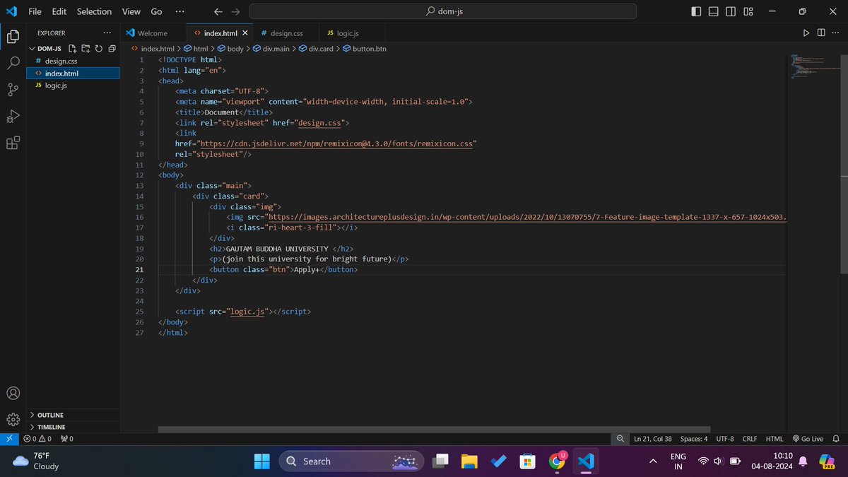 utsav_s1ngh's tweet image. 🚀 Day 11 of my #WebDevChallenge! Created a small project to deepen my understanding of the DOM. Added a heart shape that pops up on double-click (like Instagram) and implemented button logic using basic DOM commands and 'setTimeout'. Loving the progress! 💻✨ #Js #letsconnect