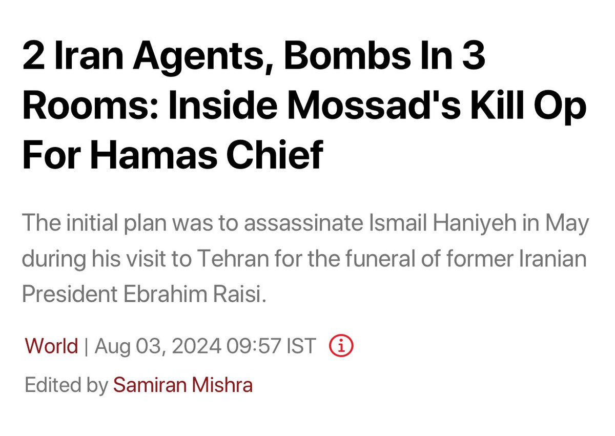 majorgauravarya's tweet photo. Iran says that the Hamas Chief was killed by short range projectile. Western media says Mossad placed a bomb in the safe house where Haniyeh was staying.

Why is Iran pushing the “projectile” theory?

In the West, if a guest is killed, it’s a crime. In some cultures, if a guest is killed inside the home of the host or while under his protection, it is a crime but more than that, it is a massive loss of face. A host who cannot protect his guest has no social standing left, no “face”. It is the ultimate insult. 

This theory of a short-range projectile may or may not be true but it gives Iran some sort of face saving…they can say that the act took place from a distance. 

Iran will never publicly accept that the elite Ansar al-Mahdi have been compromised. It cannot accept that the Islamic Revolutionary Guard has been penetrated. The hurt is not just the killing of Ismael Haniyeh. The real hurt is the shame that follows the killing. The self-appointed “fortress of Islam” has been breached. 

In Muslim countries, the street (if not the rulers) looks upon Iran as the only Muslim country to take a stand against the Israel-US led West. Iran looks at itself as the only Muslim country to stand openly for Palestine, even if it means fighting against the rest of the world. The Islamic world is in a musalsal-jadd-o-jahad (continuous struggle) for the leadership of the Ummah. Saudi Arabia has Mecca & Medina. The Turks want to relive the Ottoman glory days. Iran militarily pushes the Palestine “cause”. 

Israel is part of the Middle East. They understand these cultural nuances very well. 

Haniyeh’s killing inside Iran was not just a punch meant to hurt. It was also a slap, meant to humiliate, to degrade…

And it is not just Israel that is celebrating. Some powerful Muslim countries are also popping the proverbial champagne.