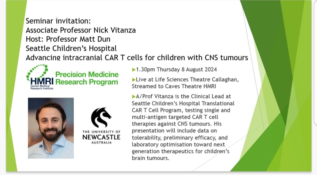We are thrilled to have A/Prof Nick Vitanza <a href="/VitanzaNick/">Nick Vitanza</a> present his team's research on "Advancing intracranial CAR T-cells for children with CNS tumours", hosted by Prof <a href="/MattDun17/">Matt Dun, PhD</a>, this week at <a href="/Uni_Newcastle/">University of Newcastle</a> #PrecisionMedicine #BrainCancer