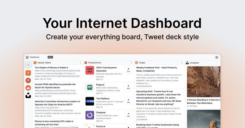 Feedboard - Your internet dashboard Tweetdeck style bit.ly/4dr0318 Great to see feed dashboards coming back. bit.ly/4dr0318