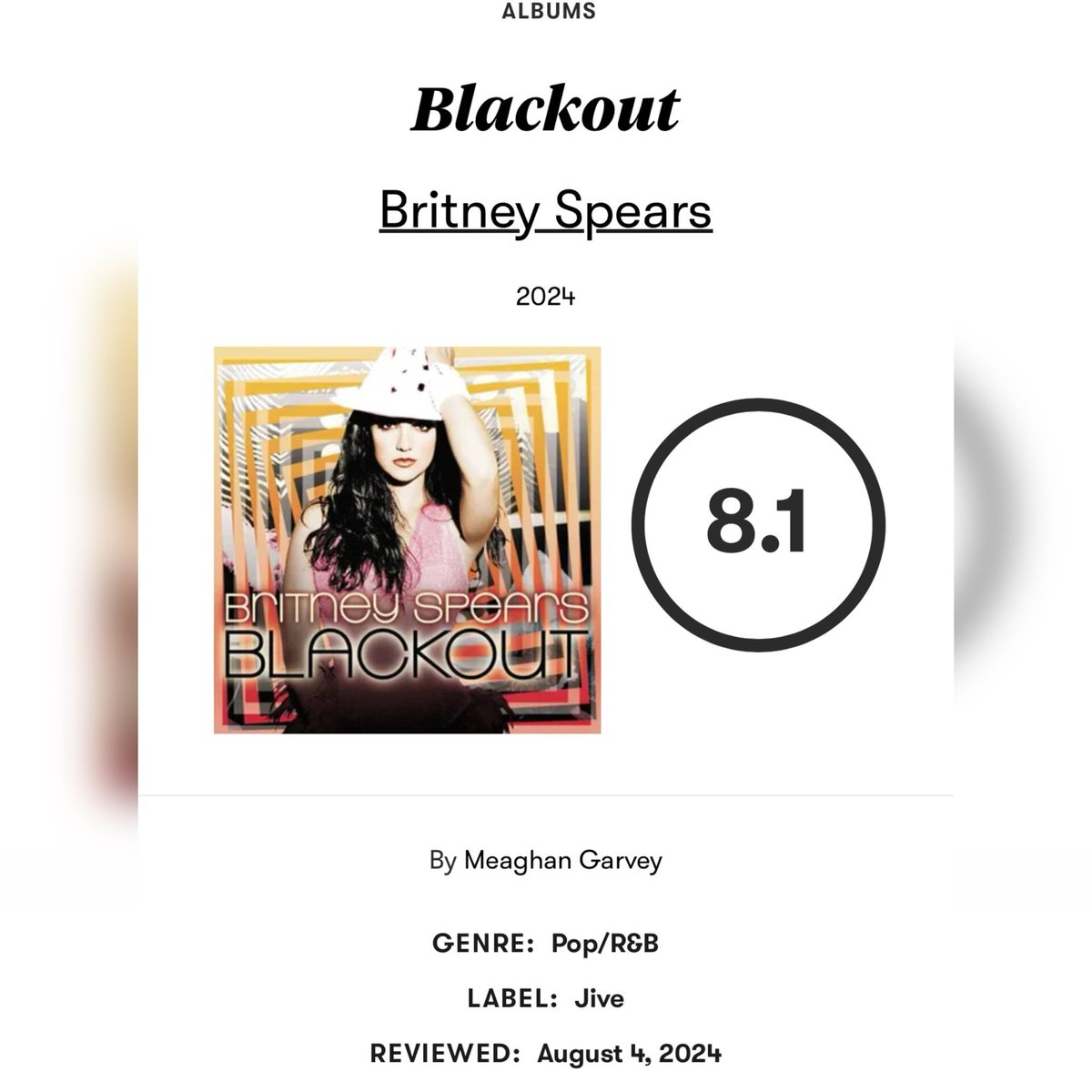 BSpears_BR's tweet photo. Pitchfork dá a “Blackout” de Britney Spears, uma pontuação de 8.1/10 em nova análise retrospectiva.

“É justamente aqui que começam as carreiras de Charli XCX e PC Music, com músicas que ainda soam como o futuro do pop 17 anos depois.” https://t.co/bC5qFOyaNP