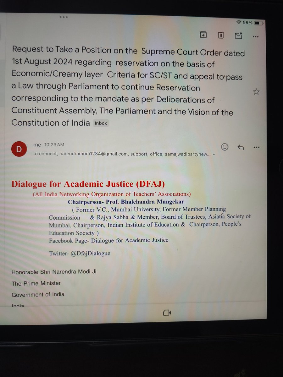 DfajDialogue's tweet photo. DFAJ sent a letter to  Shri Narendra Modi ji on 4/8/24. Opposed to Economic based classification of SC/ ST @PMOIndia @RSSorg @DrMungekar @VPIndia @rashtrapatibhvn @RahulGandhi @MamataOfficial @yadavakhilesh @JPNadda @ncbn @yadavtejashwi @AamAadmiParty @HemantSorenJMM @mkstalin https://t.co/RTOmxrjKXQ