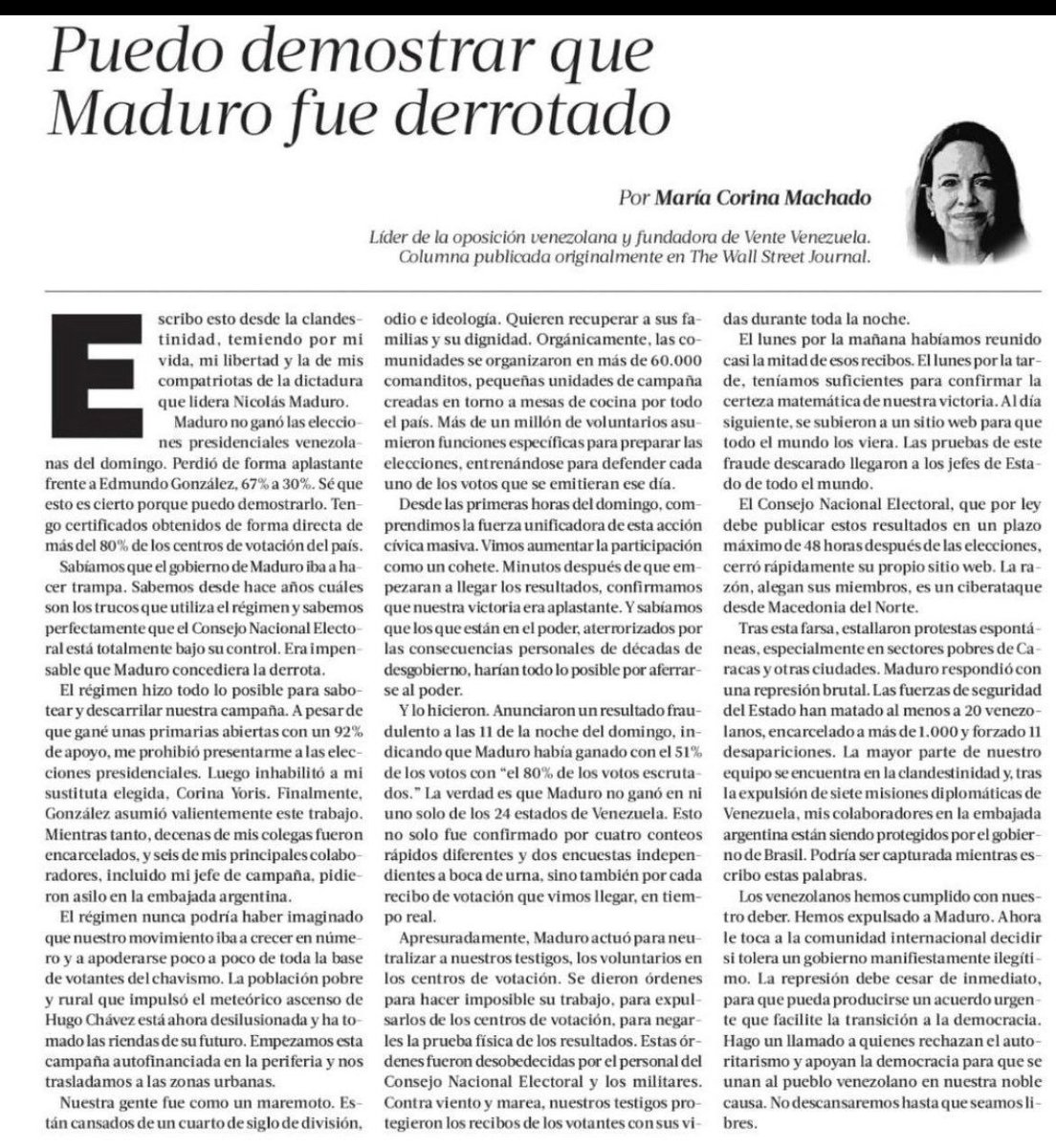 Claridad, valentía y lucha por la libertad. Gran artículo de María Corina Machado.
