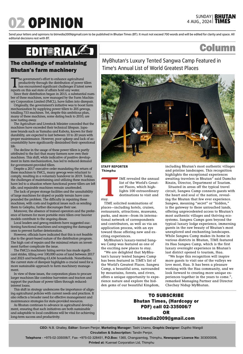 MyBhutan's luxury tented Sangwa Camp featured in <a href="/BhutanTimes/">Bhutan Times</a> #WorldsGreatestPlaces <a href="/TIME/">TIME</a>