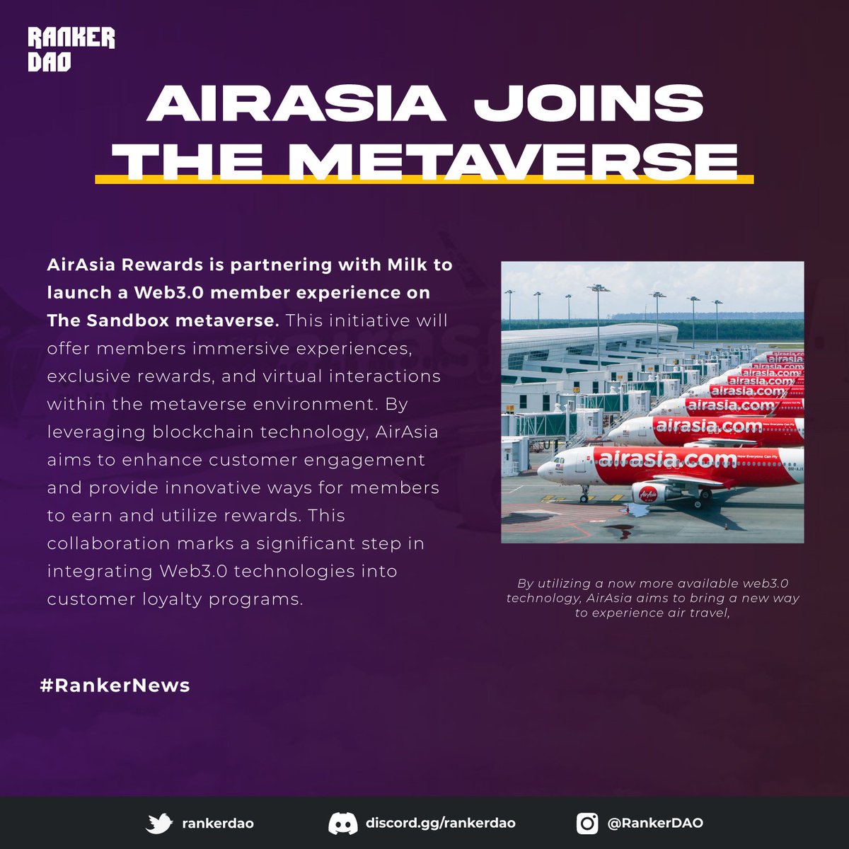 AirAsia Rewards is teaming up with Milk to launch a Web3.0 member experience on The Sandbox metaverse! 🚀 Get ready for immersive virtual interactions and innovative ways to earn and use points. 
Is the the future of customer loyalty within the metaverse!? 

#RankerNews