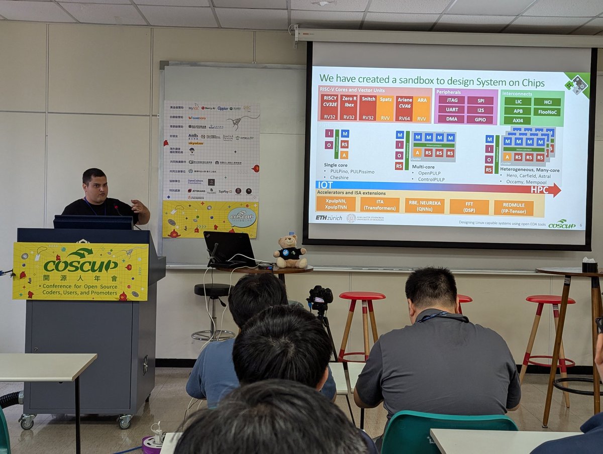 FlorianWoh's tweet image. Now Philippe and Charlie from @pulp_platform talking about open tooling like #Yosys, #OpenLane , #Verilator and of course open #PDKs here at @coscup:)

Happy to see @openhwgroup #CVA6 INSIDE 

#OpenHW #COSCUP #LINUX