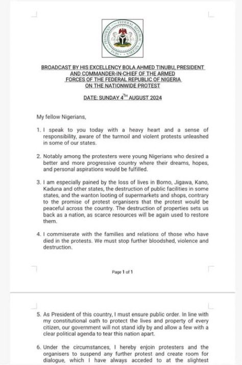 rukky_nate's tweet photo. Tinubu’s address to the nation was leaked and here’s the summary:

- Fuel subsidies will not be brought back.  

- Force will now be used to stop the protests.

- He has absolutely no idea how to remedy the food crises.

- He will do nothing about unstable exchange rate.

- He outlined several fake programs they claim to be working on.

We have a King Nebudchannezar on our hands. 

#EndBadGovernaceInNigeria
