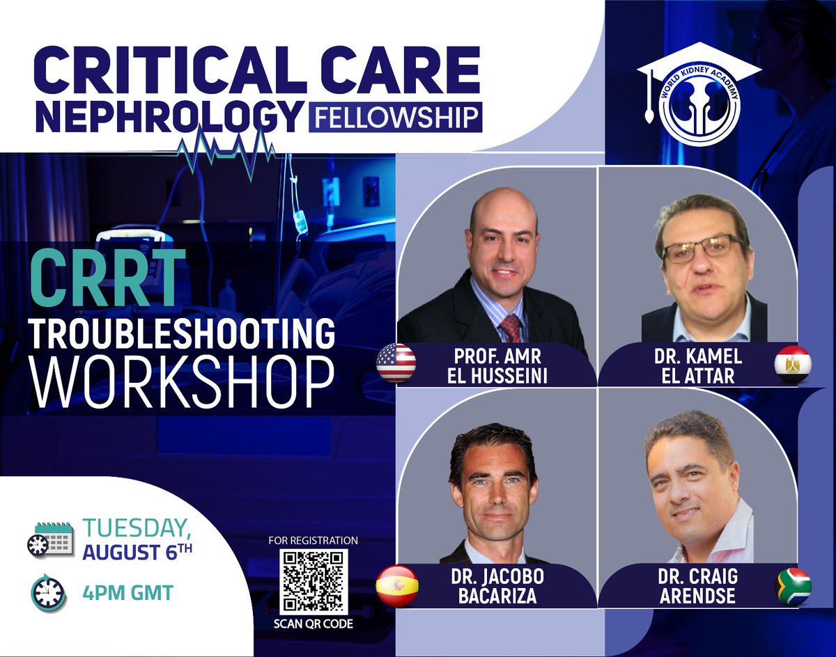 All Nephrologists and Critical Care Physicians are invited to attend this Tuesday August 6th CRRT Virtual Workshop at 4 PM GMT
zoom.us/j/5205298309