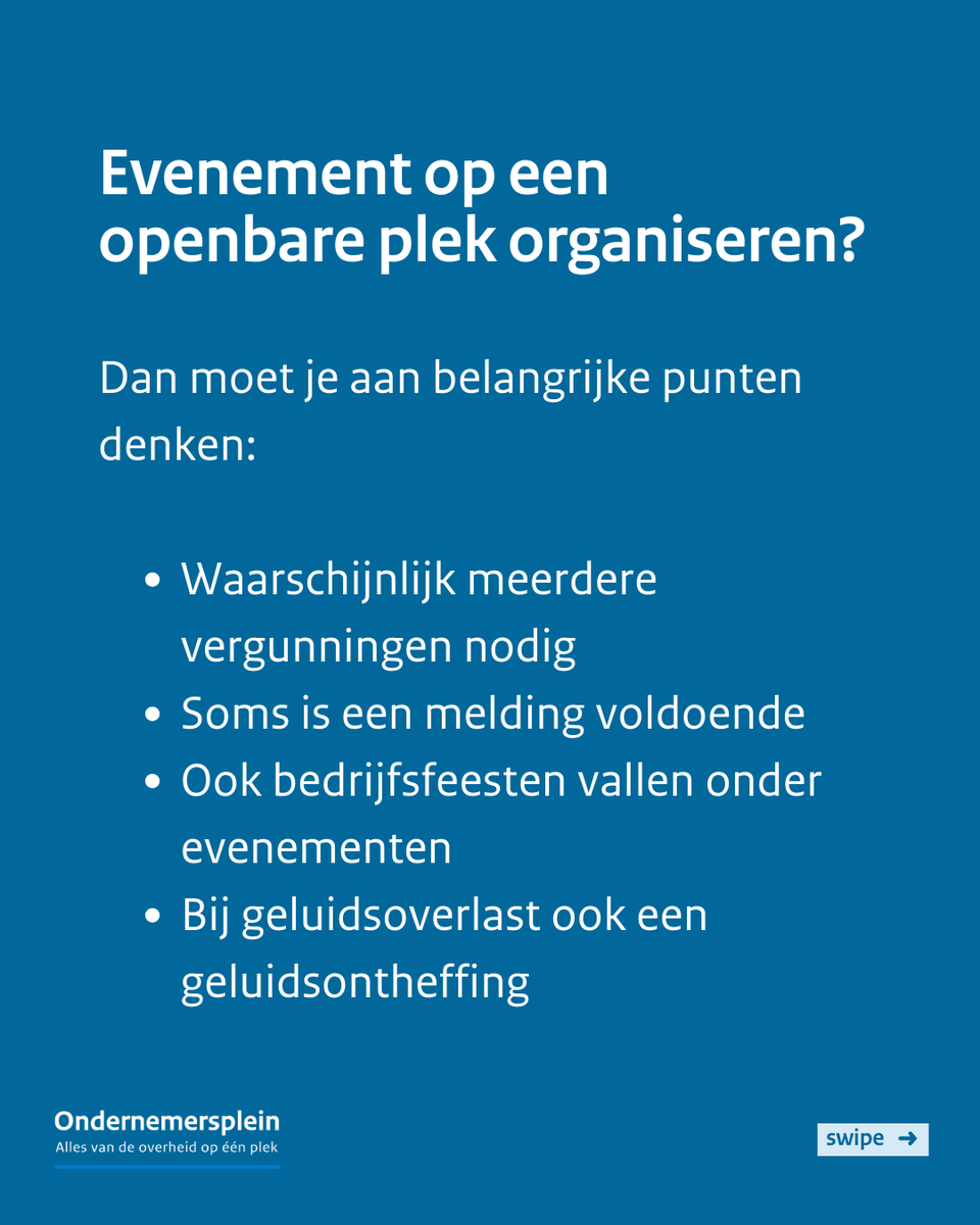 🎪 Van plan om een evenement op een openbare plek te organiseren? 🎉 Vergeet niet je vergunningen aan te vragen! Kijk wat je nodig hebt om jouw feest te mogen laten bruisen op bit.ly/3A9L51b

#evenementen #omgevingswet #ondernemersplein
