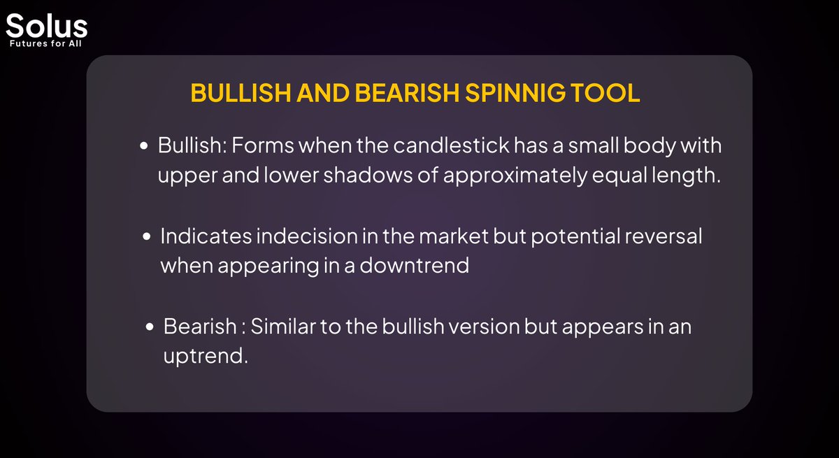 solusfinance's tweet image. Explore Bullish and Bearish Spinning Top patterns, indicating market indecision and potential reversal signals. Master these patterns to refine your trading strategy and stay informed with Solus Finance.

#cryptotrading #spinningtop #technicalanalysis #trading #indicators…