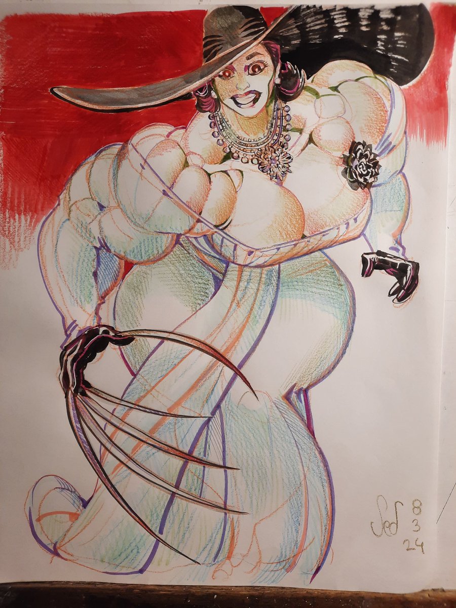 jebriodo's tweet photo. On the desk tonight: Dimitrescu- ink wash, marker and color pencil.
I saw a drawing of her by Redsilver and had to draw this crazy hat lady from ancient times. https://t.co/ev5bzh1Fiy
