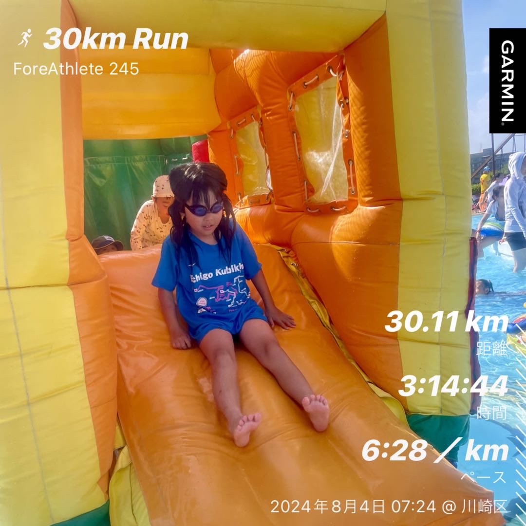 8/4 29℃ 晴れ☀️ 30km Run (Ave. 6'28"/km) 147bpm Zoomfly 5
灼熱の30km..前半は良かったが、後半は2度も給水の為止まってしまい、build down..久しぶりに長めに走れて良かった反面、改めてスタミナ不足を実感..
＃NIBURENは某遊園地のプール
＃滑り台🛝全て制覇したいムシュメ
#triedtobeatyesterday
