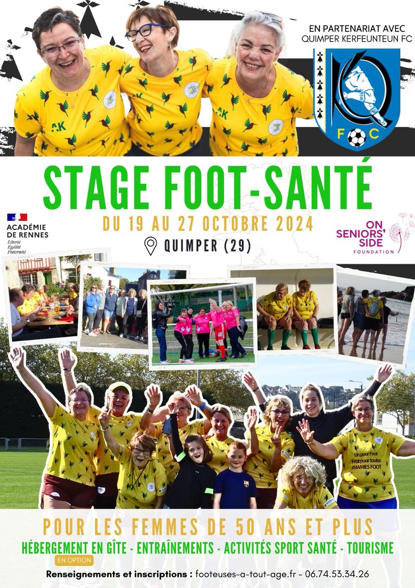 « Footeuses à tout âge », pionnière dans le domaine du sport-santé pour les femmes de +50ans, est ravie d’annoncer son prochain stage de football ! 
#FooteusesAToutAge #FootballPourToutes #SportSanté #QKFC #Quimper #Concarneau #FemmesActives #Intergénérationnel #FootballFéminin