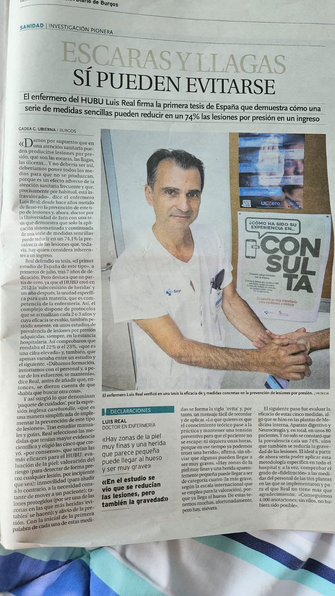 martaelr's tweet photo. Una amiga común me
manda este artículo desde Burgos. Luis no está en RRSS (ni falta que hace), pero yo sí quiero compartir la noticia y contribuir a la difusión del (buen) trabajo que se hace en #cuidados.
Enhorabuena amigo !
#LPP #Investigacion #Prevencion #StopLPP #enfermeras https://t.co/A3im6Z8WJn