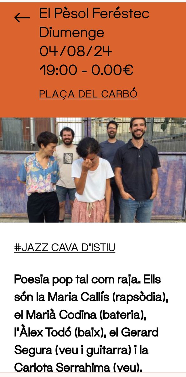 12h @xibarri a Capçanes/piscina

7hV <a href="/el_pesol/">El pèsol feréstec</a> a Vic/<a href="/jazzcava/">La Jazz Cava</a>

8hV #CarlaMotis #VigneshMelwani a Josa i Tuixén

2/4 d'11hN <a href="/rucnroll/">RUC N' ROLL</a> a Rocafort de Queral/pl delBaró
