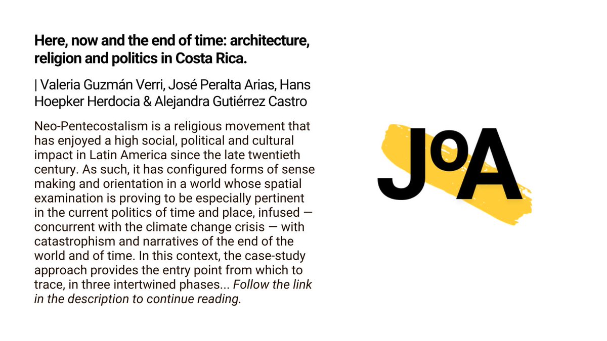 📢 Now online: Here, now and the end of time: architecture, religion and politics in Costa Rica – By Valeria Guzmán Verri, José Peralta Arias, Hans Hoepker Herdocia &amp; Alejandra Gutiérrez Castro <a href="/UniversidadCR/">UCR</a>
tandfonline.com/doi/full/10.10…