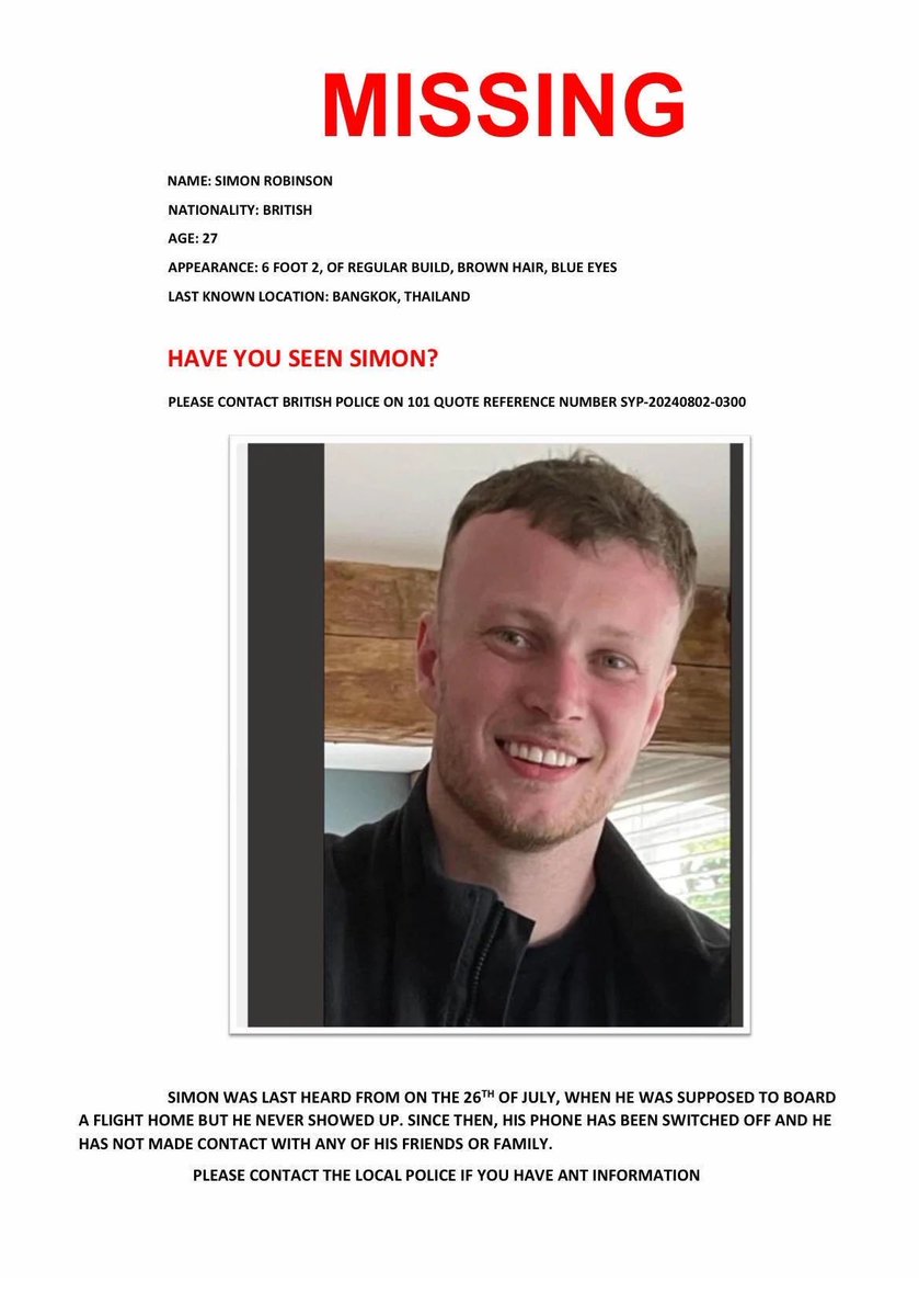 downtothewoods's tweet photo. Simon Robinson from Skegness is missing after failing to return home after a trip to Thailand on July 26.

Mobile phone signal showed that he was in Bangkok on July 26, but the signal disappeared or was turned off five minutes before reaching Suvarnabhumi airport in Samut Prakan. https://t.co/I4NP8dfagC