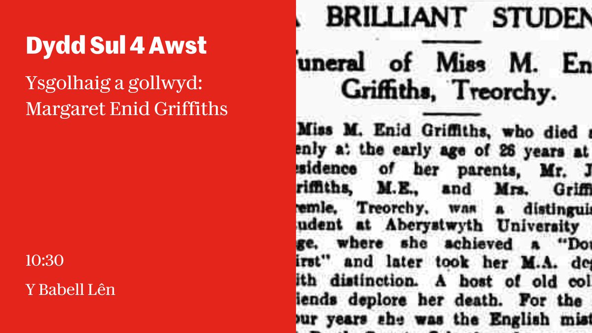 Ewch i'r Babell Lên am 10:30 i ddysgu mwy am Margaret Enid Griffiths (1903–30) o Don Pentre a diwylliant Cymraeg y Rhondda gyda Dr Dylan Foster Evans [<a href="/diferionDFE/">Dylan Foster Evans</a>] - <a href="/ysgolygymraeg/">Ysgol y Gymraeg</a>.

buff.ly/4fFeIro 

#steddfod2024
