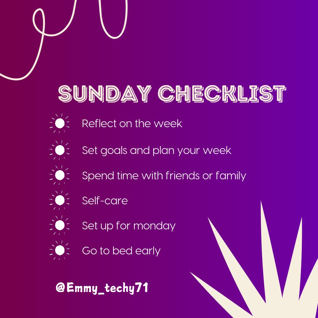 EmmyTechy71's tweet image. 🌟 Sunday Checklist for Success! 🌟

1️⃣ @Emmy_techy71 for more tips and inspiration! ✨

#SundayChecklist #WeeklyGoals #SelfCareSunday #ProductivityTips #Coaches #CourseCreators #Authors #EmmyTechy71  #businessgrowth #business #businesstips #businesssuccess  @everyone @highlight