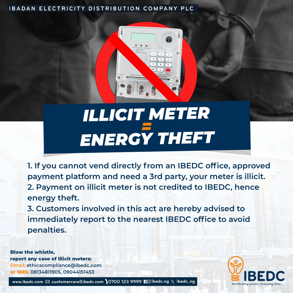 IBEDC_NG's tweet image. Say No to Illicit Meters!!!
#ibedc #SayNo #ibadanelectricity #ibadanelectricitydistibutioncompany #ibedcpayments #electricitymeterscam #ibedcpayapp