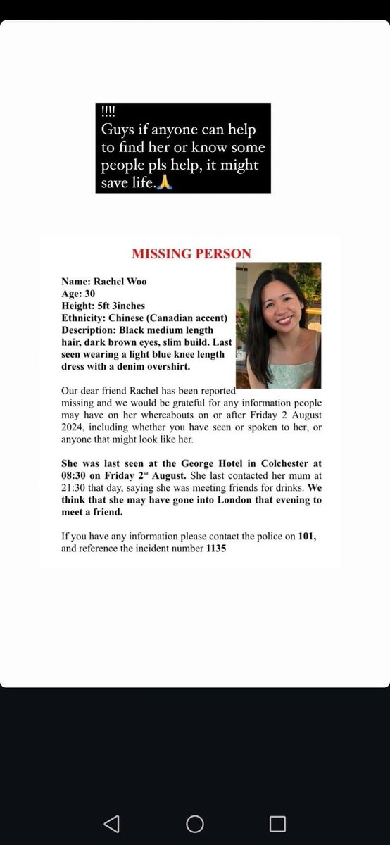 🚨Missing person🚨
Rachel Woo was last seen in Colchester on Friday night, has links with London. If anyone has any information please call 101. Family and friends are worried.