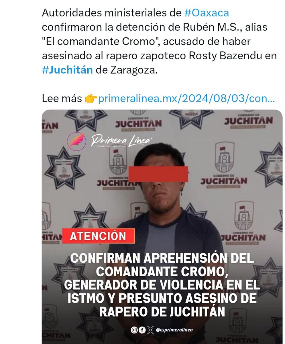 Replica_Tweets's tweet photo. #oaxaca Paisanos Tecos denuncian que el @FiscalOaxaca en #juchitan detuvo a #criminal de medio pelo y lo presenta como líder; que el #Cdte #cromo lo esconden por ser aliado #FUCO de @Nino_Morales1. La muerte del #rapero les metió presión
#Dicen https://t.co/A173Is6gyp